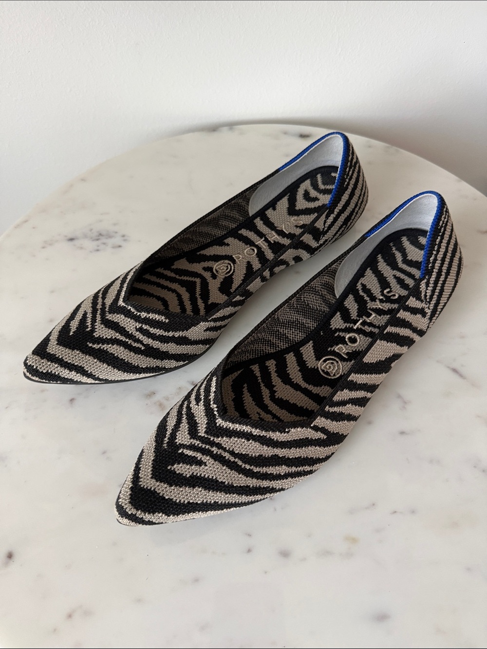 Rothy Zebra-Print Pointed Toe Knit Flats in Black and Tan Size 10 - Picture 2 of 6